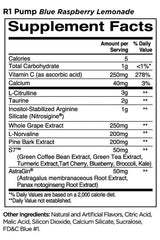 Supplement facts for Rule1 PUMP Blue Raspberry Lemonade, detailing ingredients and nutritional values.