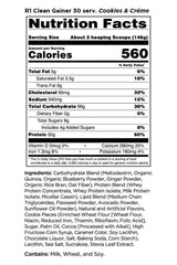 Nutrition facts for Rule One R1 Clean Gainer Cookies & Crème, containing 560 calories, protein, and essential amino acids.
