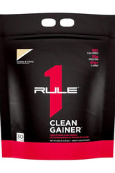 Rule One- R1 Clean Gainer packaging with 560 calories, 30g protein, and 97g carbs in Cookies & Cream flavor.