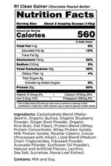 R1 Clean Gainer Nutrition Facts - 560 calories, 30g protein, chocolate peanut butter flavor.
