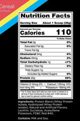 Nutrition facts for Rule One R1 Protein cereal showing calories, protein, and ingredients.