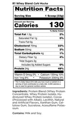 Nutrition facts for Rule One R1 Whey Blend Café Mocha with protein, calories, and ingredients information.