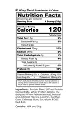 Nutrition facts for Rule One Whey Blend, highlighting 120 calories and 24g protein per serving.