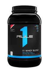 Rule One Whey Blend 100% whey protein container with 24g protein per scoop, rich in BCAAs and glutamine.