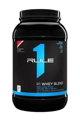 Rule One Whey Blend 100% whey protein container with 24g protein per scoop, rich in BCAAs and glutamine.