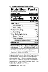 Nutrition label for Rule One Whey Blend Chocolate Fudge, detailing calories, protein, and ingredients.
