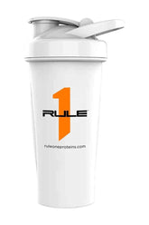 Rule One white shaker cup with handles, ideal for mixing protein drinks, durable and easy to clean.