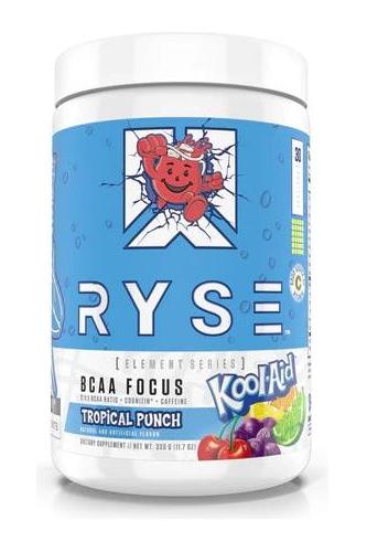 RYSE BCAA Focus Tropical Punch supplement for hydration, endurance, and recovery during workouts.
