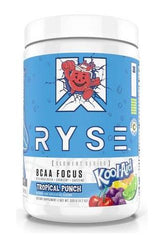 RYSE BCAA Focus Tropical Punch supplement for hydration, endurance, and recovery during workouts.