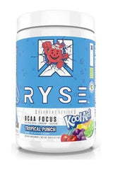 RYSE BCAA Focus Tropical Punch supplement for hydration, endurance, and recovery during workouts.