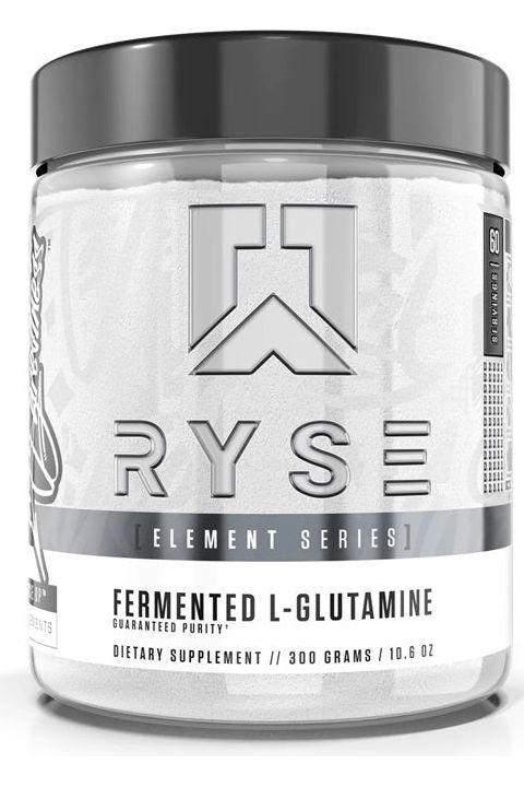 RYSE Fermented L-Glutamine dietary supplement jar, 300 grams, for muscle recovery and immune health.