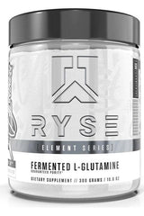 RYSE Fermented L-Glutamine dietary supplement jar, 300 grams, for muscle recovery and immune health.
