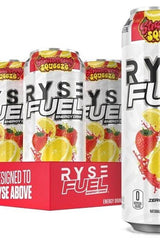 RYSE Fuel Energy Drink pack with Strawberry Squeeze flavor, featuring sugar-free ingredients and bright packaging.