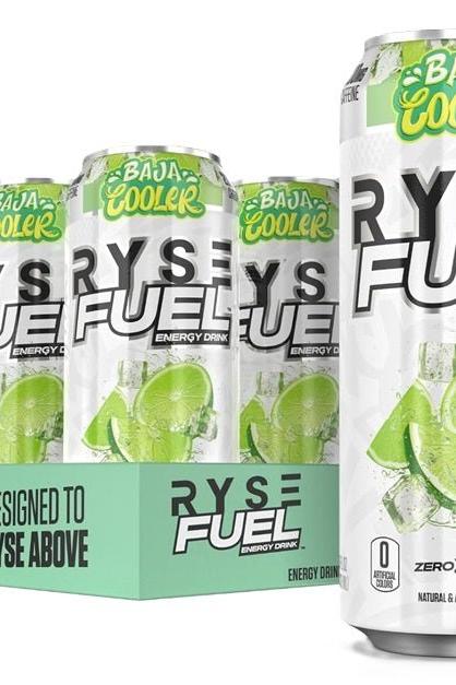 RYSE Fuel Energy Drink, Baja Cooler flavor, featuring a pack of cans with refreshing lime visuals.