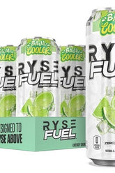RYSE Fuel Energy Drink, Baja Cooler flavor, featuring a pack of cans with refreshing lime visuals.