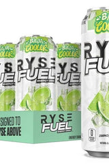 RYSE Fuel Energy Drink, Baja Cooler flavor, featuring a pack of cans with refreshing lime visuals.