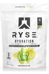 RYSE Hydration sticks packaging featuring lemon-lime flavor, electrolytes, and vitamins for optimal hydration.