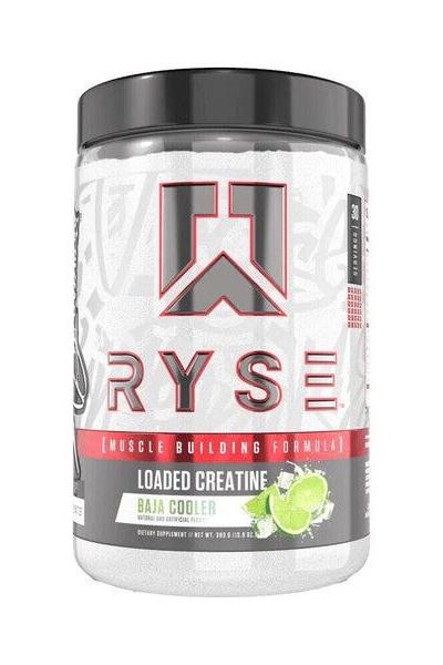 RYSE Loaded Creatine powder container with Baja Cooler flavor for muscle strength and endurance.