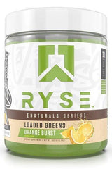 RYSE Loaded Greens Orange Burst supplement jar, promoting health with essential nutrients and antioxidants.