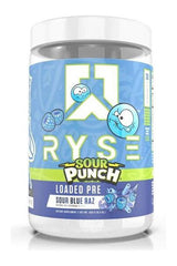 RYSE Loaded Pre-Workout in Sour Blue Raz flavor, designed for energy and performance enhancement.