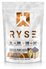 RYSE Loaded Protein Pancakes Blueberry flavor, 20g protein per serving, quick and easy breakfast mix, no added sugars.