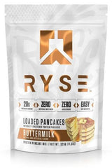 RYSE Loaded Protein Pancakes Buttermilk flavor packet with 20g protein per serving, easy preparation.