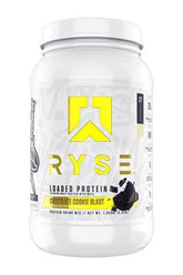 RYSE Loaded Protein in Chocolate Cookie Blast flavor, featuring 25g whey protein and prebiotic fiber, in a sleek container.