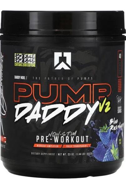 RYSE Pump Daddy V2 Non-Stim Pre-Workout in Blue Raspberry flavor for enhanced muscle pump and performance.