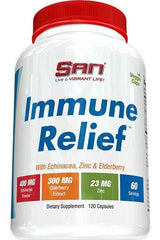 SAN Immune Relief supplement bottle with Echinacea, Zinc, and Elderberry for immune support.