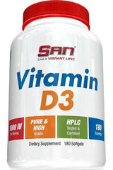 SAN Vitamin D3 dietary supplement bottle, 1000 IU per serving, 180 softgels for strong bones and dental health.