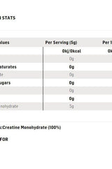 Nutrition facts for Science in Sport Creatine Powder, unflavored, including serving size and composition.