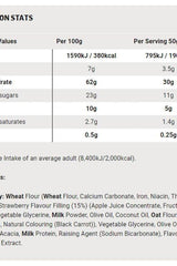 Nutritional information for Science in Sport Go Energy Bake, Strawberry flavor, 100g and 50g serving details.