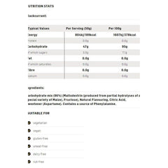 Nutrition stats for Science in Sport - GO Energy Powder, highlighting energy, carbohydrates, and ingredients.