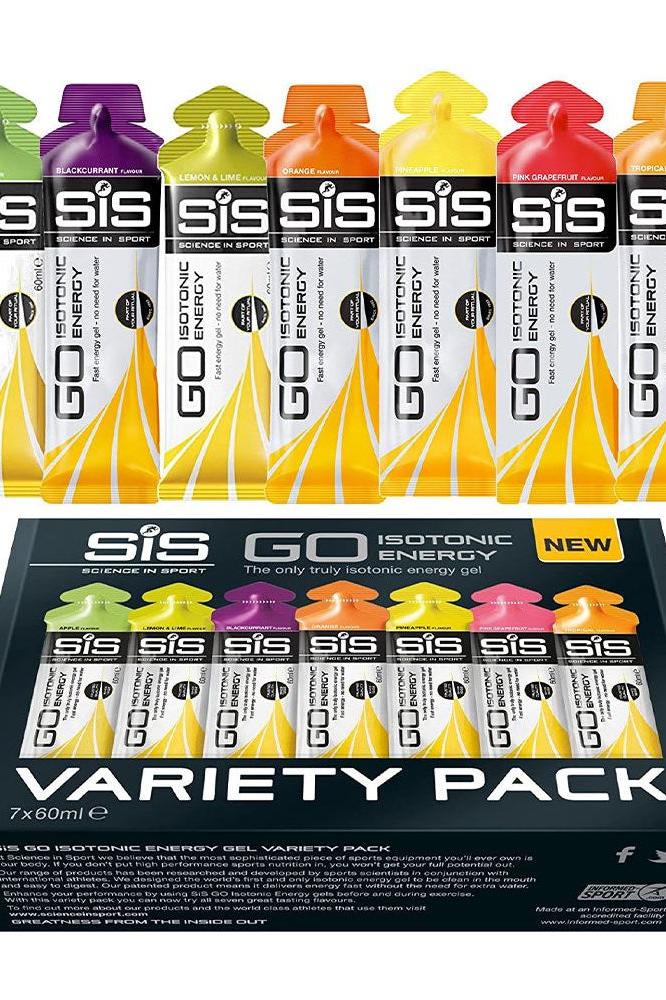 Science in Sport GO Isotonic Energy Gel Variety Pack featuring 7 flavors in 60 ml packets for quick energy during workouts.
