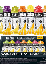 Science in Sport GO Isotonic Energy Gel Variety Pack featuring 7 flavors in 60 ml packets for quick energy during workouts.