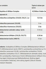 Ingredient table for Pro Bio+ capsules showing probiotics and their amounts per serving.