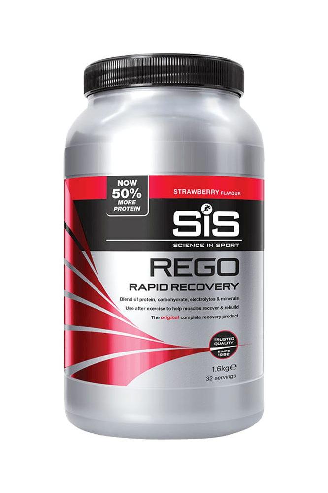 Science in Sport REGO Rapid Recovery strawberry flavor, protein-rich recovery powder for quick muscle recovery.