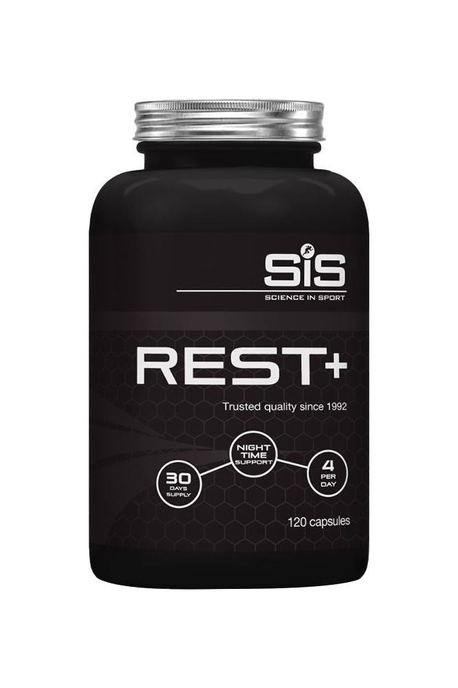 Science in Sport Rest+ Capsules bottle containing 120 capsules for improved sleep quality and recovery.