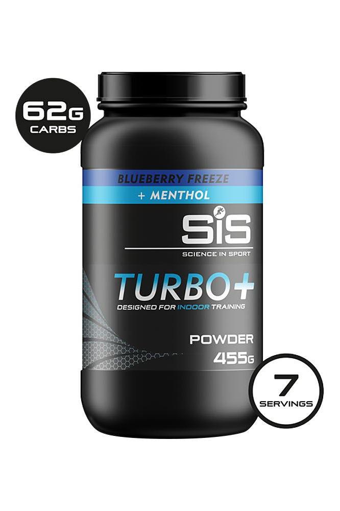 Science in Sport Turbo+ Powder in Blueberry Freeze flavor, 455g, designed for indoor training with 62g carbs and menthol.