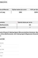 Nutrition facts and ingredient list for Science in Sport Vitamin C tablets, detailing Vitamin C and other components.