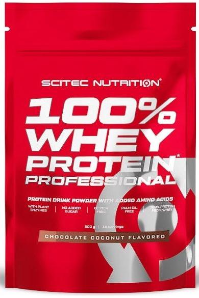 SciTec 100% Whey Protein Professional chocolate coconut flavored protein powder pack.