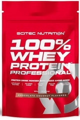 SciTec 100% Whey Protein Professional chocolate coconut flavored protein powder pack.