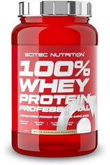 SciTec 100% Whey Protein Professional powder in red container, gluten-free, enriched with extra amino acids and digestive enzymes.