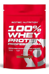 SciTec 100% Whey Protein Professional, chocolate flavor, protein powder with added amino acids, gluten-free.