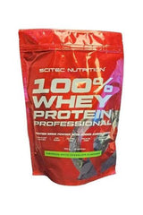 SciTec 100% Whey Protein Professional protein powder pack in chocolate flavor, gluten-free with added amino acids.