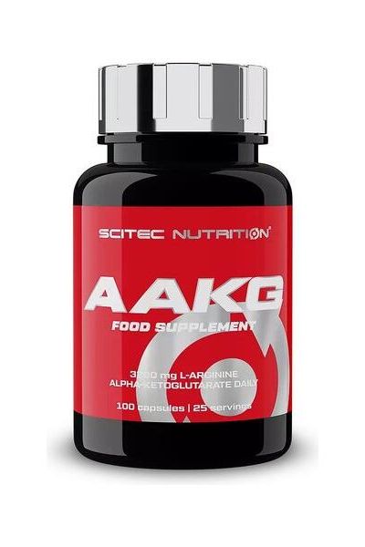 SciTec AAKG supplement bottle, 800mg, supports muscle growth and performance, 100 capsules, dietary supplement.