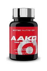 SciTec AAKG supplement bottle, 800mg, supports muscle growth and performance, 100 capsules, dietary supplement.
