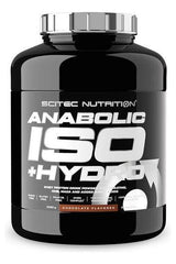 SciTec Anabolic Iso + Hydro protein powder container, chocolate flavored, promotes muscle growth and performance.