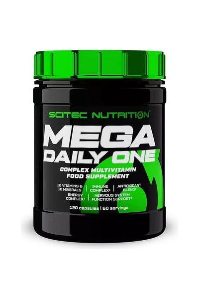 SciTec Mega Daily One multivitamin supplement with 120 capsules for 60 servings, rich in vitamins and minerals.