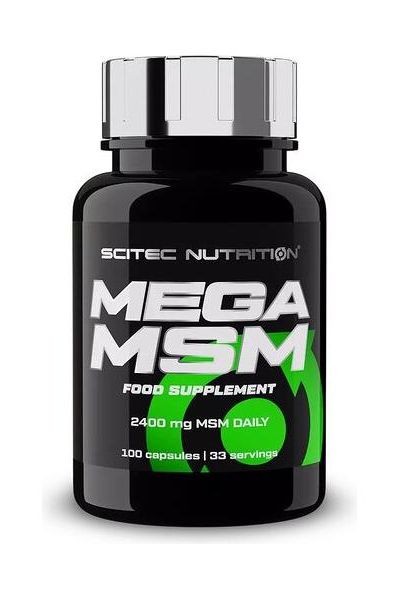 SciTec Mega MSM supplement bottle, 800 mg per capsule, 100 capsules for natural sulfur source.